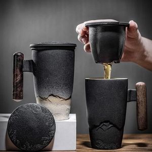 Tasses de luxe rétro tasse à thé tasse en céramique grande capacité bureau filtre eau noire avec couvercle poignée en bois tasses idées cadeaux Box243a