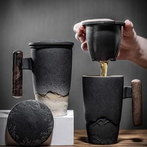 Tasses Tasse de thé rétro de luxe tasse en céramique grande capacité filtre de bureau eau noire avec couvercle tasses à poignée en bois idées cadeaux Box277N