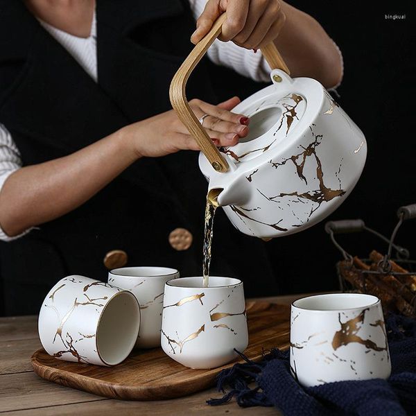 Mugs Service à thé en marbre pour la maison Tasse japonaise en céramique noire et blanche avec théière en bois d'acacia.