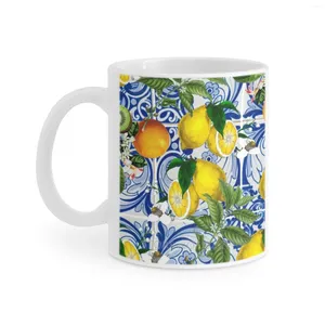 Tasses méditerranéennes sur carreaux de céramique bleus, tasse blanche, tasse à café, tasses de thé au lait, cadeau pour amis, jaune, vert, Orange, Kiwi
