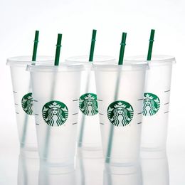 Tazas Sirena Diosa Starbucks 24 oz / 710 ml Tazas de plástico Vaso Reutilizable Claro Beber Parte inferior plana Forma de pilar Tapa Tazas de paja taza 915 fuzhenkai