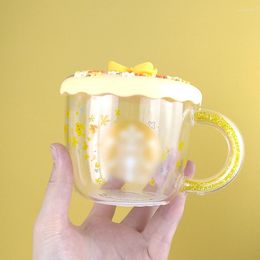 Tazze Mid-Autumn Golden Osmanthus Flower Cup Manico in strass Bevanda fredda Vetro Caffè Coperchio in silicone