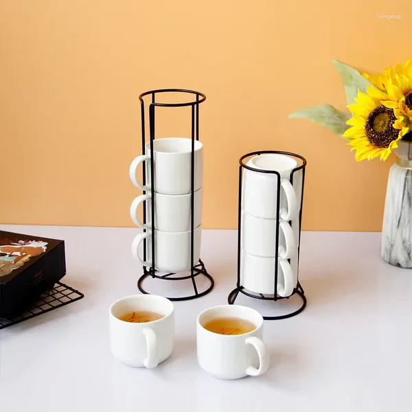 Tasses Coupe de marque en céramique minimaliste réglage trois pièces quatre avec un stand en métal noir pour les boissons à la maison et au bureau