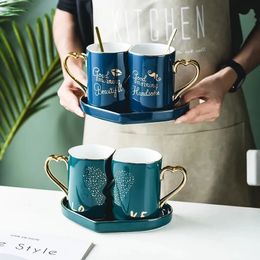 Tasses Couple moderne tasse en céramique avec plateau cadeau de noël pour fiançailles mariage mariée tasse à café ensemble Drinkware petit déjeuner 231122