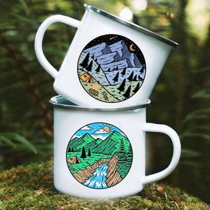 Tasses Lune Soleil Montagnes Imprimer Tasses Camping Tasse En Émail Aventure Feu De Camp Fête Bière Tasse À Café Montagne Poignée Tasses Cadeaux pour Camper R230713