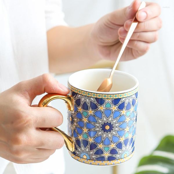 Tasses Tasses à café de texture vintage de style marocain avec poignée en or tasse d'eau de thé au lait en céramique pour maman femmes mères filles cadeaux de mariage