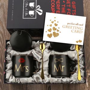 Mokken Mr en Mrs Coffee Cups Gift-set voor engagement Bruiloft Bruids Douche Bruid Bruidegom om Lyweds Couples Black Ceramic te zijn