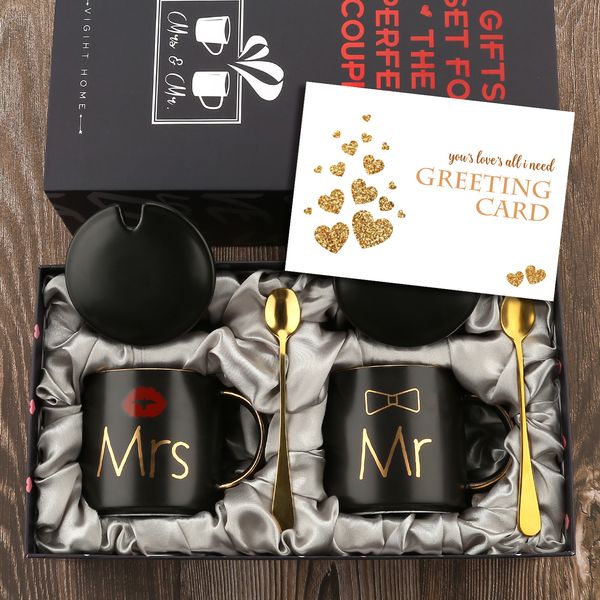 Tasses Mr et Mrs Tasses à café Coffret cadeau pour fiançailles Mariage Douche nuptiale Mariée Marié à être mariés Couples Céramique noire 230411