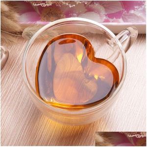 Tasses Tasses 180 ml 240 ml double paroi en verre café tasses de thé au lait en forme de coeur transparent avec poignée cadeaux romantiques livraison directe à la maison GA Dhqi7