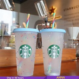 Tazas Tazas Starbucks 24 oz / 710 ml Tazas de plástico con vaso Sirena Diosa Reutilizable Claro Beber Parte inferior plana Forma de pilar Tapa Tazas de paja taza