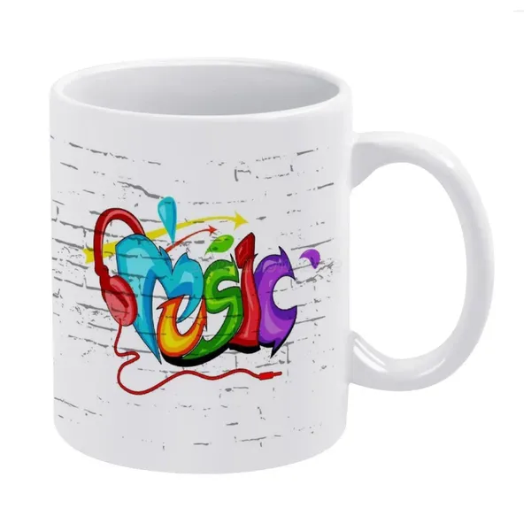 Mugs Music Graffiti White Mug Vintage Unisexe Taille Colorful Musical Headphone Headset Song