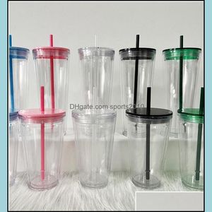 Mokken Nieuwe platte deksel 710 ml 24oz doorzichtige plastic dubbele wandtuimelaar met ST en herbruikbare koffie thee mokken 6070 Q2 drop levering 2021 Home G Dhamy