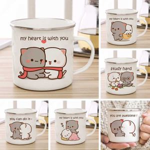 Mokken Nieuwe Peach en Goma Cat Enamel Cup Coffee Tea Cup Cute Animal Breakfast Dessert Milk Cup Paar geschenk J240428