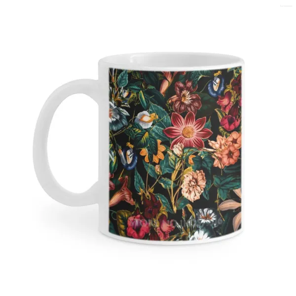 Tasses Night-Garden-Xxiv Tasse blanche Tasse à café Tasses à thé au lait Cadeau pour les amis Jardin botanique floral Forêt Jungle Motif tropical