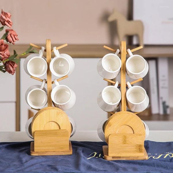 Tazas Caza de café de cerámica nórdica con estante de bambú de té té de té blanco y vino Decoración del hogar