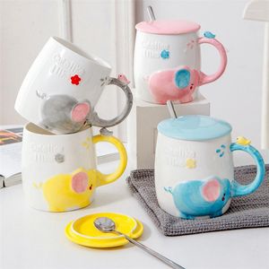 Tasses nordique en céramique mignon dessin animé tasse à café créative peinte à la main éléphant tasse à eau bureau thé maison lait avec cuillère et couvercle