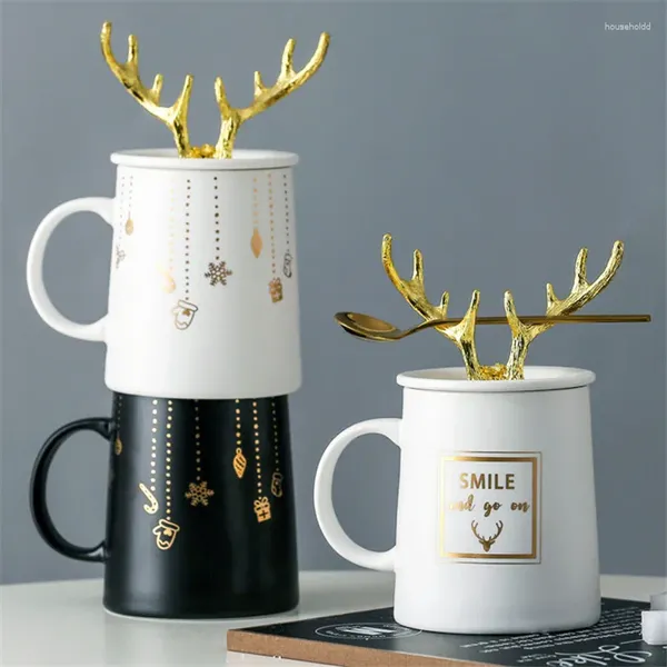 Tasses nordiques en céramique or bois de café tasse de café avec couvercle et cuillère petit-déjeuner maison couple couple à eau tasse drinkware cadeau de Noël