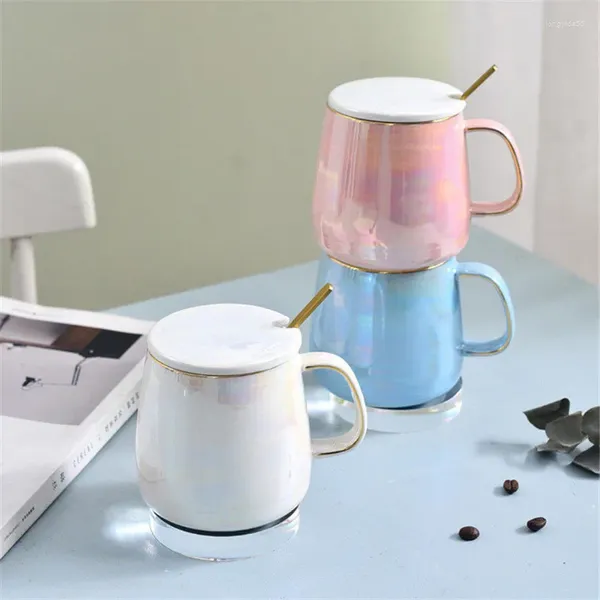 Tasses Nordique Céramique Perle Glaçure Phnom Penh Tasse À Café Avec Couvercle Et Cuillère Cadeau De Mariage Couple Tasse D'eau Porcelaine Lait Petit Déjeuner