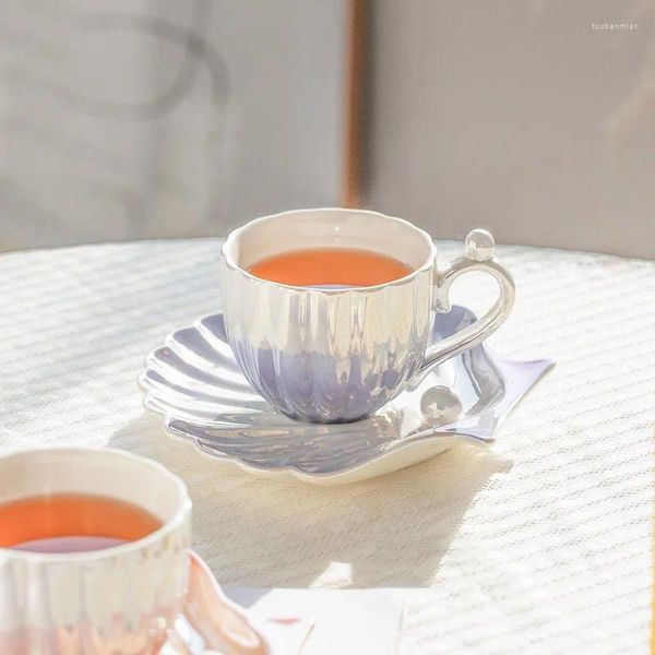 Tasses Tasses à café en céramique de coquille de perle créative nordique en corée tasse à thé de l'après-midi avec ensemble de soucoupe