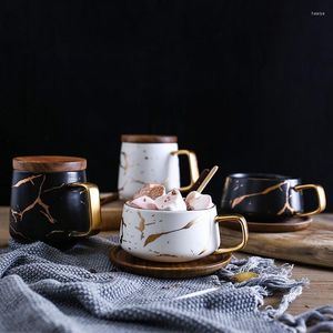 Mokken Noordse marmeren keramische koffie met houten deksel luxe porseleinen thee melk water beker matte afwerking cadeaus