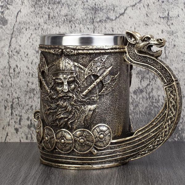 Tasses Mythologie nordique Viking Ship Draon Drakkar tasse Tankard doublure en acier inoxydable couleur Bronze café bière tasse Stein 500 ml/20 oz