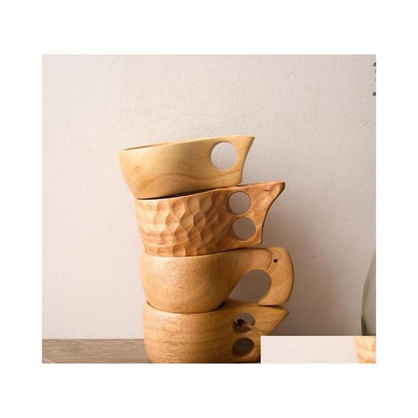 Tasses Style nordique 4 sortes tasses à thé en bois de caoutchouc tasse avec poignées Kuksa corde à café en bois deux trous à la main Portable eau potable Dh7B4
