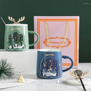 Tasses Style nordique boîte-cadeau de noël en céramique tasse à eau bonhomme de neige bois 380 ml tasse avec couvercle cuillère café cadeaux d'anniversaire