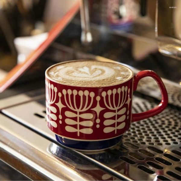 Tazas Taza de cerámica pintada a mano creativa de estilo nórdico, taza de café de porcelana y platillo, té de la tarde con mango, cubiertos de mesa