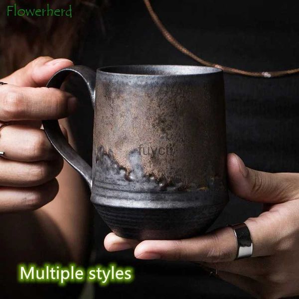 Tazas Taza de café de cerámica con oreja colgante de estilo nórdico, taza de té de cerámica gruesa con esmalte de óxido, taza de agua creativa, taza de café dorada para pareja YQ240109