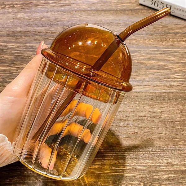 Tazas tazas de vidrio de café con rayas simples transparentes transparentes con té de paja té helado para beber fría tazas mocha tazas bebidas bebidas