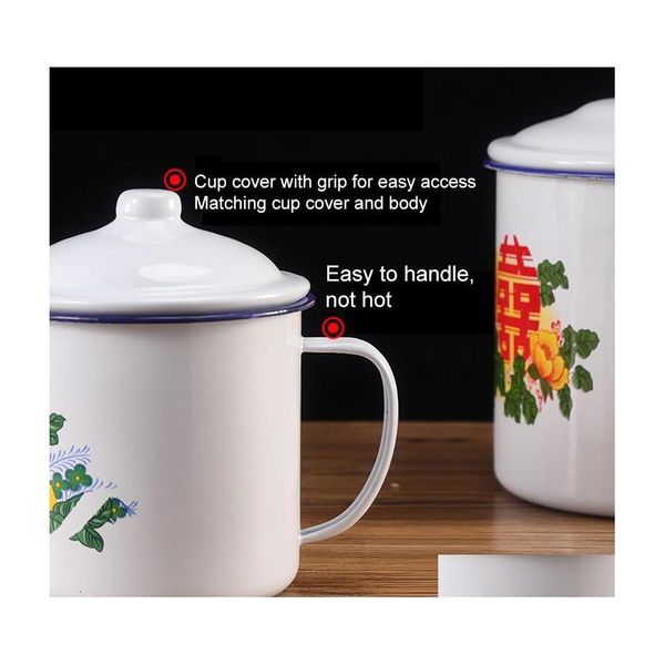 Tasses Tasse en émail chinois nostalgique avec couvercle bol de nouilles instantanées créatives grande capacité tasse de thé littéraire cadeau 750/1100/3000 ml Lad3 Dr Dhg5I