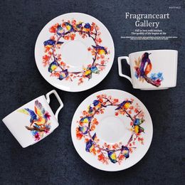 Tasses huile peinture bonheur fleur oiseau os chine belle tasse de café avec plateau ensemble tasse copo taza café xicara l'après-midi tasse de tasse de thé