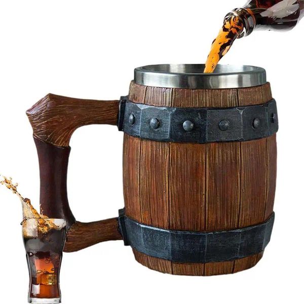 Tazas Original Viking Taza para beber Simulación Barril de madera Taza de cerveza Doble Regalo de acero inoxidable Hogar Color de madera