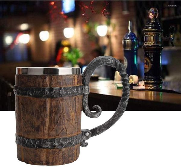 Tazas Original vikingo barril de madera jarra de cerveza cubo en forma de vaso con asa de acero inoxidable doble pared tazas de cóctel para Bar