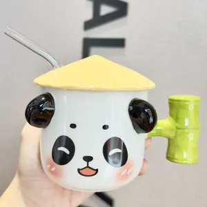 Tasses Panda Tasse En Céramique Avec Couvercle Et Paille Dessin Animé Conception Tasse D'eau Cadeau D'anniversaire Pour Enfants