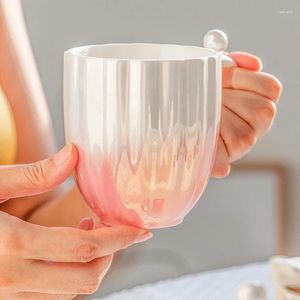 Mokken Pearl Mug Cups gradiëntkleur met deksel en lepel hoogwaardige persoonlijkheidsgeschenk paar koffiekopje keramische drinkware