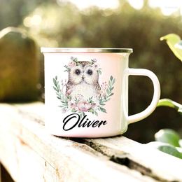 Tasses personnalisées hibou Animal imprimé tasse à café pour les femmes cadeau personnalisé Camping émail tasse mignon cerf tigre avec nom cadeaux enfant
