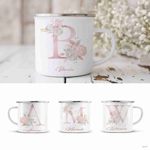 Tasses personnalisées tasses initiales florales roses tasse à café en émail mignon boisson au lait tasse de jus cadeaux pour son anniversaire fête des mères mariage R230713