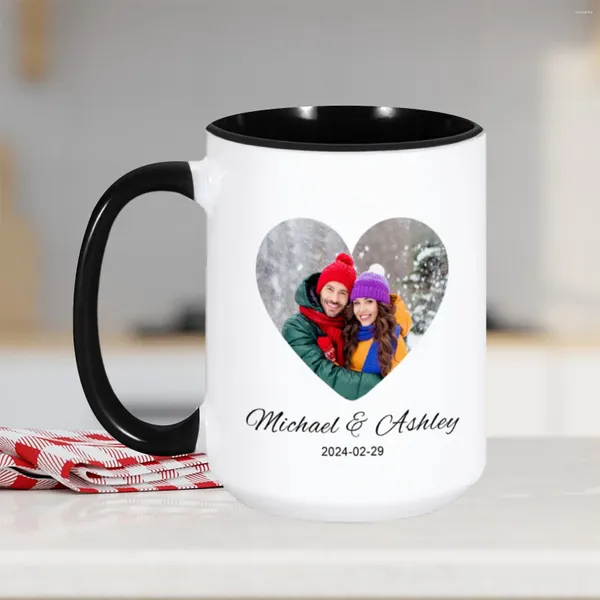 Tasses Tasse de coeur personnalisée Po avec nom Date 15oz tasse de lait personnalisé Couple café Lywed cadeau d'anniversaire pour mari femme
