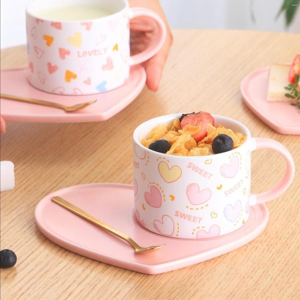 Tasses rose mignon série en céramique pêche coeur tasse plat beau Couple avec cuillère pour bureau à domicile café lait