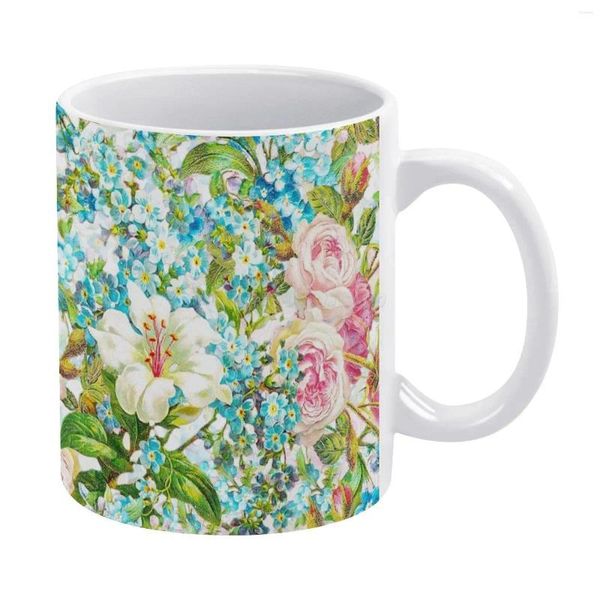 Tazas Rosas rosadas y Forgetmenot taza blanca personalizada impresa divertida taza de té regalo personalizado flor de café flor de primavera naturaleza