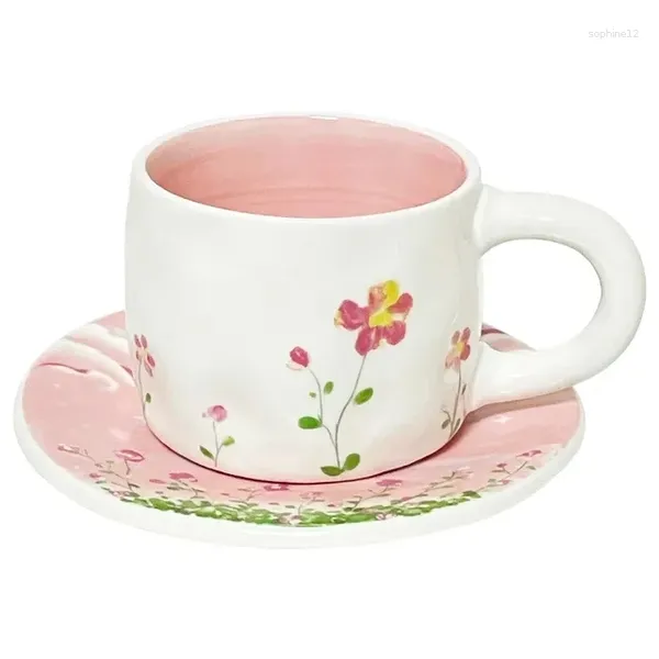 Tazas Pink Tulip Taza de café de cerámica y juego de platos Dúplex Francés Té de la tarde Premium Sense Exquisito
