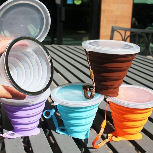 Tasses Portable Pliable Tasse Silicone Rétractable Tasses Pliantes Avec Couvercle Mignon Pliable En Plein Air Voyage Bouteille D'eau