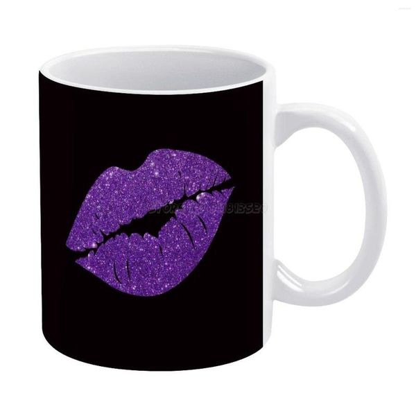 Tasses à lèvres scintillantes violettes, tasse blanche en céramique, Art créatif, maquillage scintillant