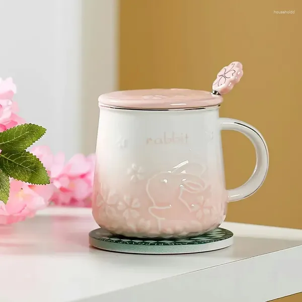 Tazas Taza de conejo Año 2024 Taza de café de cerámica Agua de té con tapa Cuchara Chica Flores de cerezo Leche