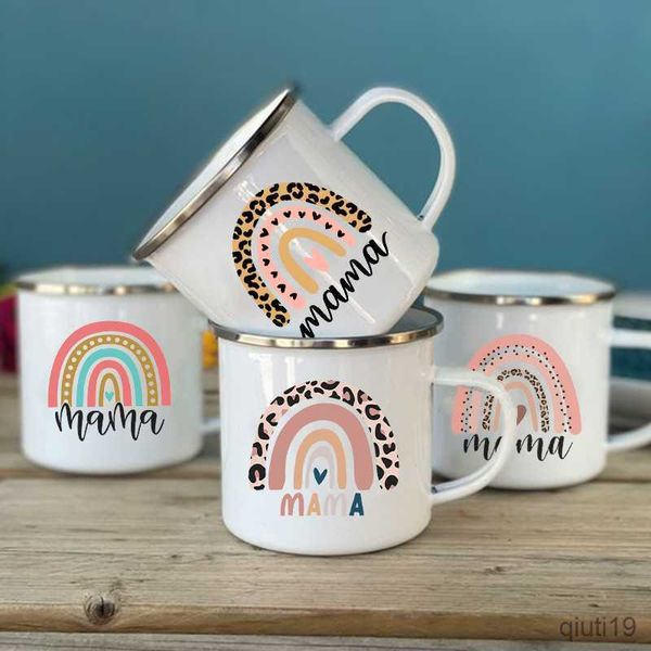 Tasses Rainbow Mama Imprimé Tasses En Émail Creative Café Thé Tasse À Eau Boissons Dessert Petit Déjeuner Tasses À Lait Poignée Verres Mère Cadeaux R230713