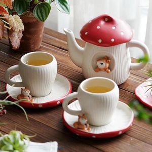 Tasses Tasse à café en forme de champignon rouge, soucoupe en céramique exquise, service à thé de l'après-midi, théière à la maison simple, tasse à lait de petit déjeuner, assiette à dessert de dessin animé
