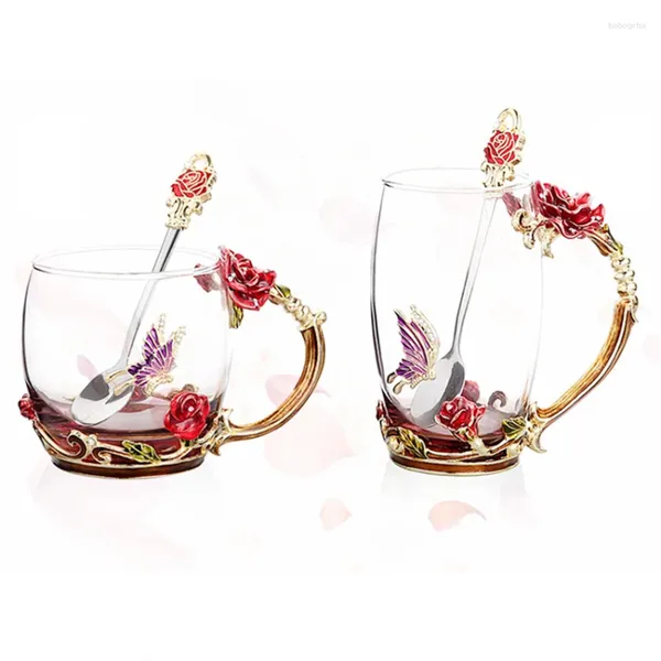 Tazas Rose Rose Enamelo Cristal Copa de té Flower Glass Taza de agua de mariposa de alto grado Manja de regalo F2 F2