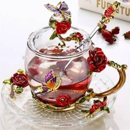 Mokken Rode Roos Emaille Glas Koffie Thee Kopjes En Handgemaakte Hittebestendige Glazen Water Cup Drinkware Lover Gift Wedding234P