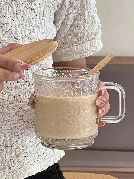 Tasses Tasse de secours Tasse en verre avec poignée Couvercle Cuillère Haute Apparence Instagram Boire du thé au café au lait